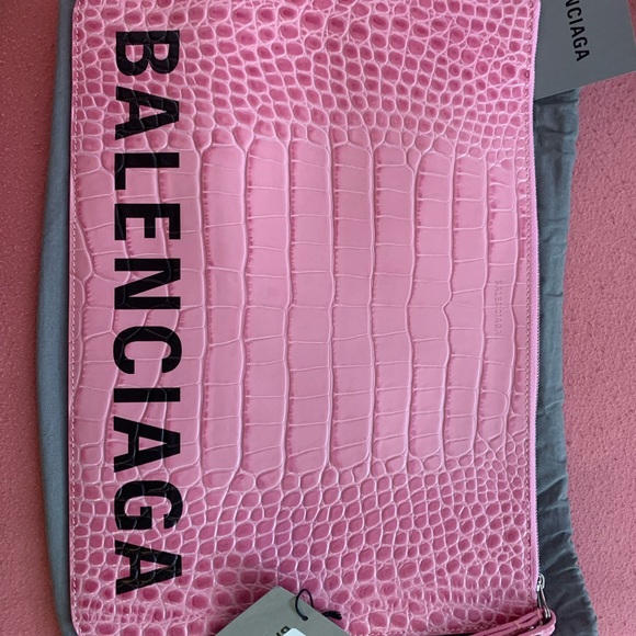 Balenciaga Pink Croc-Embossed Clutch - Picture 2 of 4